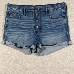 Hollister High Rise Button Fly Denim Shorts W29 Size 9 Medium Wash Cuffed Blue